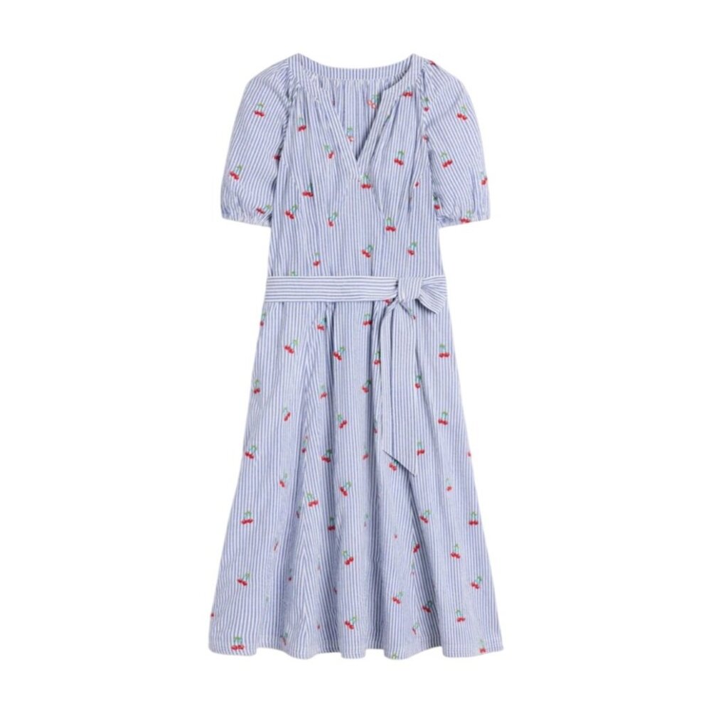 Boden NWT Bria Blue Striped Seersucker Cherry Embroidered A-Line Midi Dress